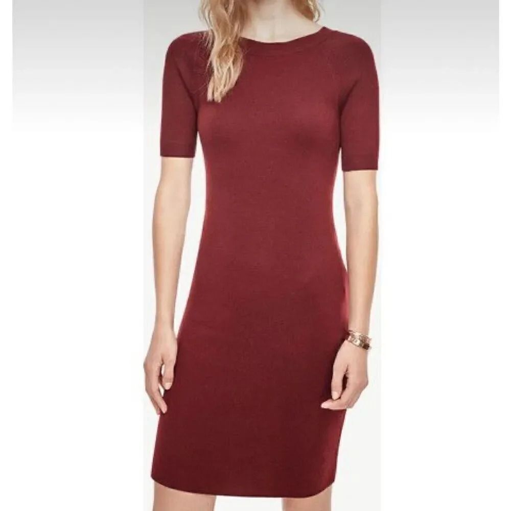 ANN TAYLOR | NWT Maroon Wine 100% Merino Wool Dress V-Neck Back‎ Bodycon | Large